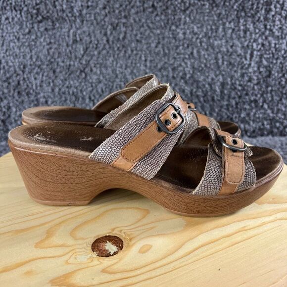 Dansko Jessie Sand Lizard Leather Wedge Sandals Womens 10 Brown Slip On Heels - Picture 3 of 9